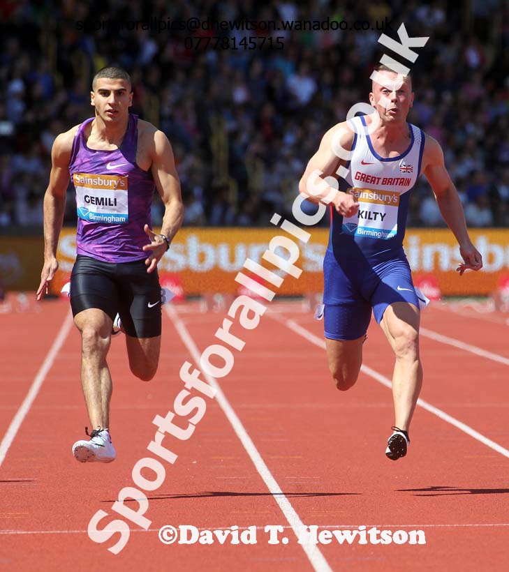 Adam Gemili (GB) and Richard Kilty (GB)  mens 100 metres heats, IAAF Diamond League, Birmingham. Photo: David T. Hewitson/Sports for All Pics